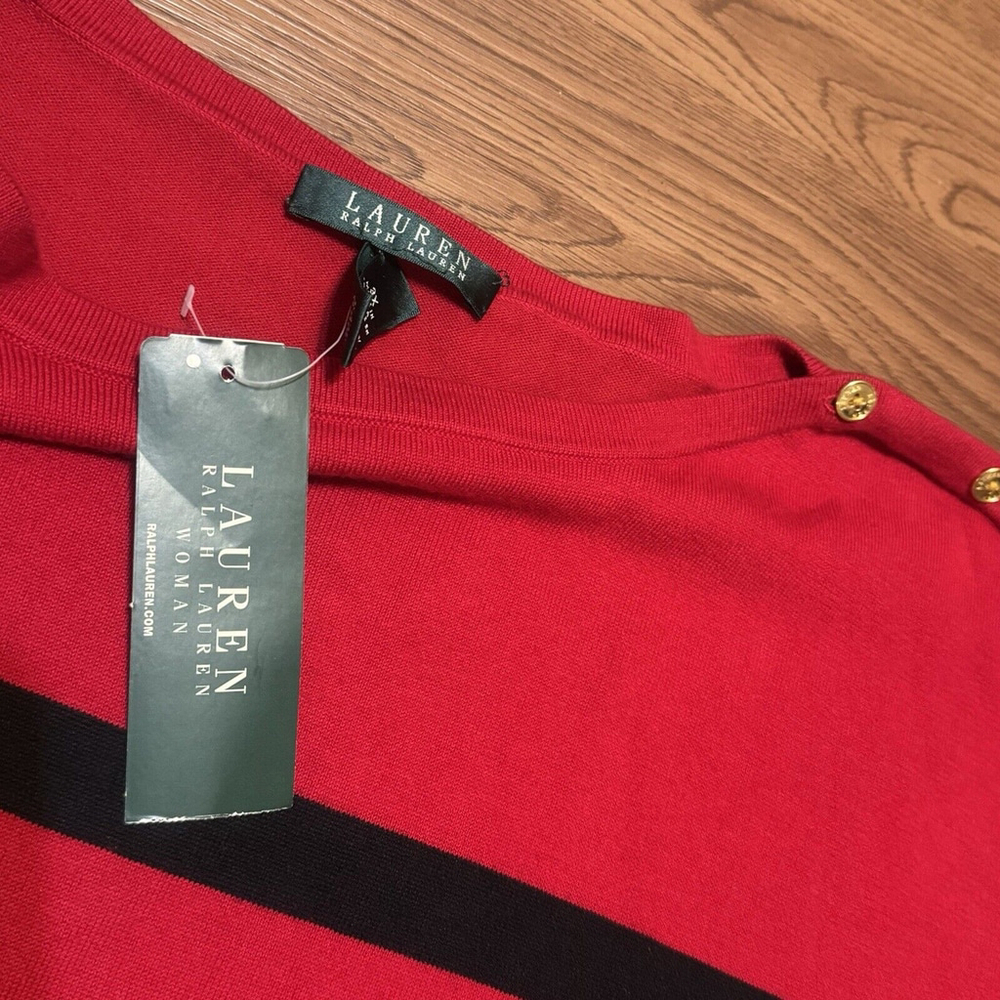 NWT Lauren Ralph Lauren Red/Black Stripe Sweater Size:3X Gold Buttons Crew Neck - Picture 8 of 12
